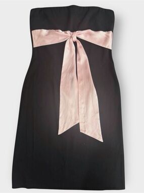 Y2K Strapless Black Cocktail Dress Baby Pink Silk Bow Size 8 | 2000s Midi